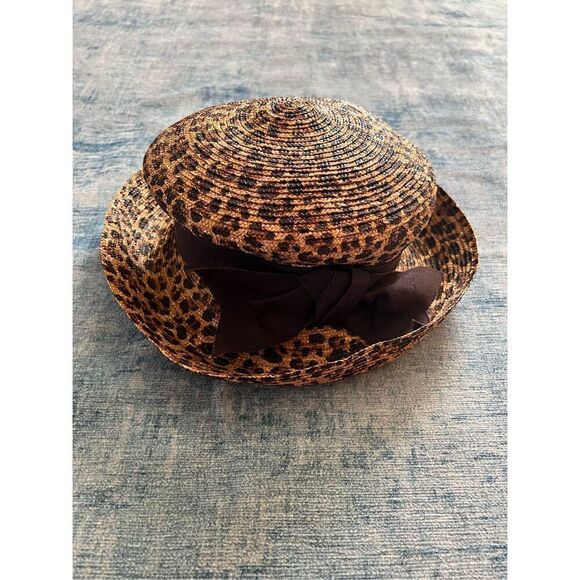 Eric Javits Tan and Brown Leopard Animal Print Straw Hat With Ribbon Bow - Picture 7 of 9